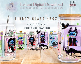 Cartoon Sti-tch Cosplay Villains 16oz Libbey Glass Can Wrap ~ Movie Character Tumbler Wrap ~ Trending Glass Can Sublimation Design ~ Digital