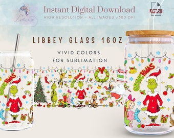 Christmas Green Guy 16oz Libbey Glass Wrap, Funny Movie Thief Glass Can, Merry Grin Christmas, Santa Claus Glass Sublimation Design, Digital