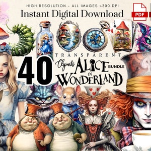 Alice In Wonderland ClipArt~ 40 Watercolor Alice in Wonderland PNG~ Alice PNG Fantasy~ Junk Journal~ High quality transparent images~Digital