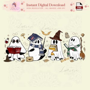 Può includere: Un download digitale con quattro fantasmi dei cartoni animati vestiti come personaggi di una serie di libri fantasy. Ogni fantasma tiene in mano oggetti di scena come libri, bacchette e una scopa. L'immagine include il testo "Instant Digital Download" e "High Resolution - All Images >300 DPI."