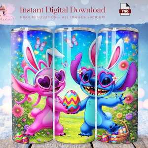 May include: Three stainless steel tumblers with an Easter theme. The tumblers feature cartoon characters dressed as bunnies, wearing heart-shaped sunglasses, and holding Easter eggs. The background includes flowers, butterflies, and the text "Instant Digital Download".