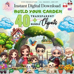 K&ouml;nnte beinhalten: Ein digitales Clipart-Paket mit &uuml;ber 40 transparenten Bildern, die eine Familie von Cartoon-Charakteren beim G&auml;rtnern zeigen. Die Figuren sind in Freizeitkleidung gekleidet und halten Gartenger&auml;te in der Hand. Der Hintergrund ist eine farbenfrohe Gartenszene mit Blumen, B&auml;umen und einem Haus.