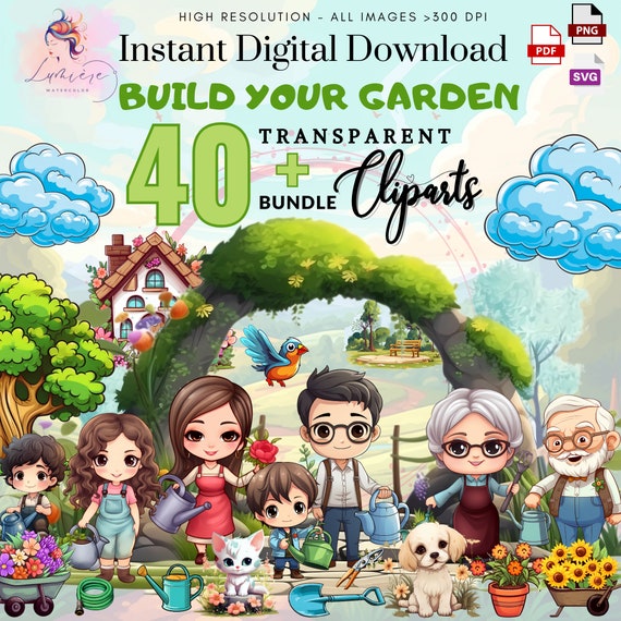 Garden ClipArt~ 40+ Garden Tools Clipart~ Cute Family Gardening~ Garden Vibes~ High quality transparent PNG SVG~ Instant Download