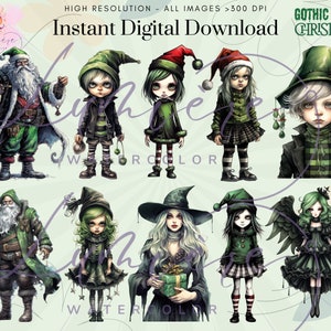 Op de afbeelding: Een set van tien digitale illustraties met gotische kerstfiguren. De figuren zijn gekleed in groene en zwarte kleding met een grillige en griezelige esthetiek. De illustraties zijn perfect voor knutsel-, scrapbooking- en digitale ontwerp projecten.