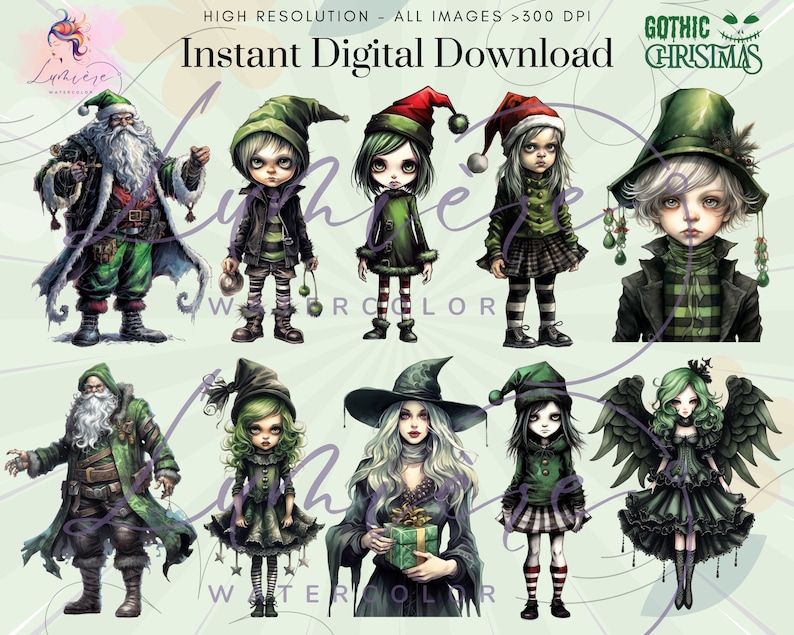 Op de afbeelding: Een set van tien digitale illustraties met gotische kerstfiguren. De figuren zijn gekleed in groene en zwarte kleding met een grillige en griezelige esthetiek. De illustraties zijn perfect voor knutsel-, scrapbooking- en digitale ontwerp projecten.