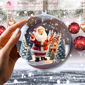 May include: A glass snow globe ornament with a Santa Claus figure inside. The globe is filled with white glitter and features a small snow-covered village scene. The Santa Claus figure is wearing a red suit with a white beard and a black belt.