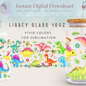 Dinosaur PNG Libbey Glass Can Wrap, Cute Colorful Dino Tumbler Wrap, Volcano Palm Tree, Prehistoric Design Sublimation UV DTF Design