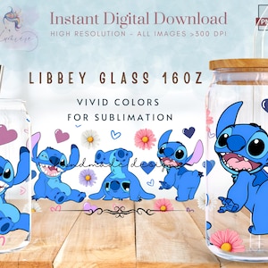 Cartoon Floral Sti-tch 16oz Libbey Glass Can Wrap ~ Floral Tumbler Wrap ~ Tumbler PNG ~ 16 oz Tumbler Glass Can Sublimation Design ~ Digital