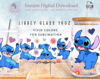 Cartoon Floral Sti-tch 16oz Libbey Glass Can Wrap ~ Floral Tumbler Wrap ~ Tumbler PNG ~ 16 oz Tumbler Glass Can Sublimation Design ~ Digital