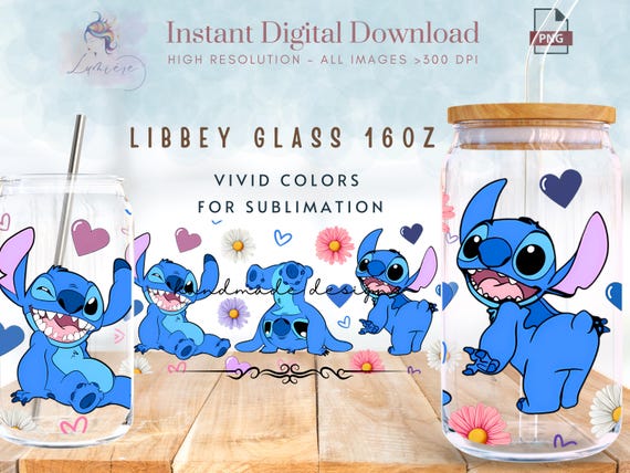 Cartoon Floral Sti-tch 16oz Libbey Glass Can Wrap ~ Floral Tumbler Wrap ~ Tumbler PNG ~ 16 oz Tumbler Glass Can Sublimation Design ~ Digital