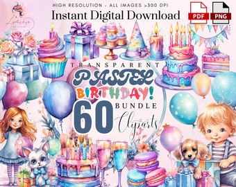 Magical Birthday Clipart ~ 60 Watercolor Birthday PNGs~ Cake PNG~ Balloon Png~ Birthday Decor~ High Quality Transparent PNG~Digital Crafting