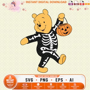 Puede incluir: Una ilustración gráfica digital de un oso amarillo con un disfraz de esqueleto negro con detalles de huesos blancos. El oso sostiene un cubo de calabaza naranja. El texto INSTANT DIGITAL DOWNLOAD es visible en la parte superior.