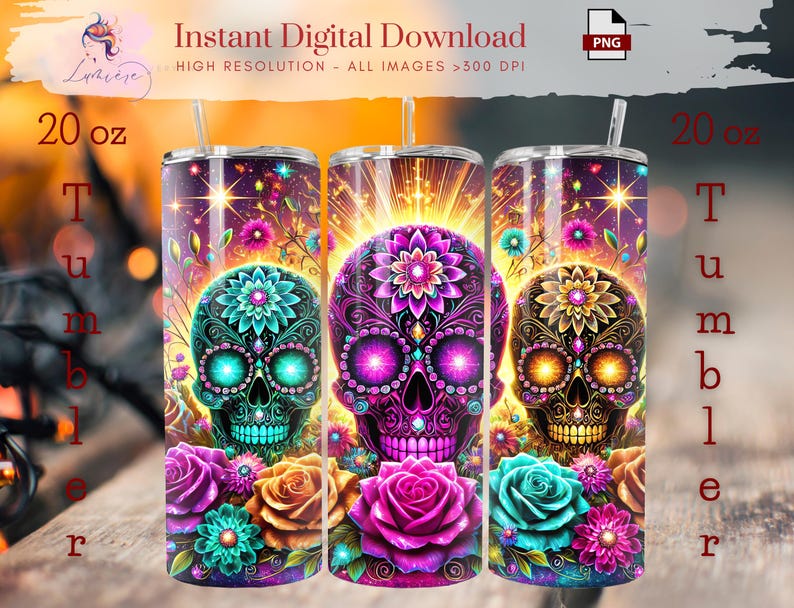 May include: Three 20 oz tumblers with vibrant sugar skull designs. Each tumbler features a different color scheme, including teal, purple, and gold, with floral accents. The text "Instant Digital Download" is visible.
