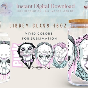 Puede incluir: Vaso Libbey transparente, 16 oz, con tapa de madera y pajita de acero inoxidable. El vaso presenta un diseño de personajes de películas de terror en negro, blanco y rosa. El texto en el vaso dice "VIVID COLORS FOR SUBLIMATION."