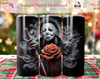 May include: Three black stainless steel tumblers with a Halloween theme. One tumbler features a graphic of a person with a knife, another has a rose and a face, and the last has a skull. The tumblers have the text "Instant Digital Download".