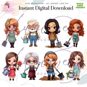 K&ouml;nnte beinhalten: Digitaler Clipart-Satz mit acht Comicfiguren, darunter Erwachsene und Kinder, die in Gartenkleidung gekleidet sind und Gartenger&auml;te halten. Die Figuren l&auml;cheln alle und scheinen ihre Arbeit zu genie&szlig;en. Das Set enth&auml;lt eine Gie&szlig;kanne, eine Schaufel, einen Rechen und ein Paar Gartenhandschuhe.