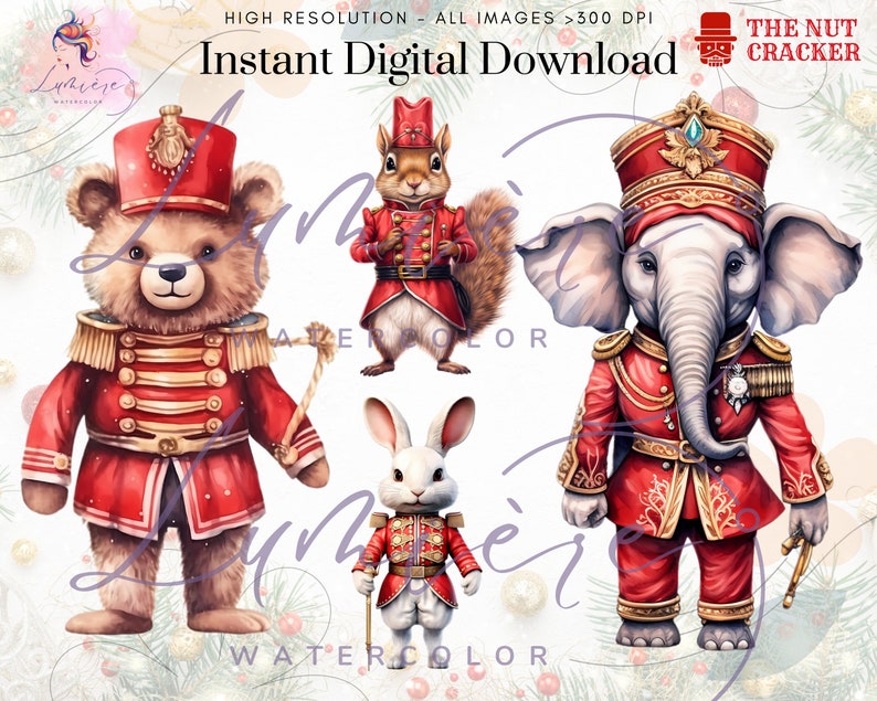 Nutcracker Rabbit Animal Nutcracker Clipart~ 22 Watercolor Christmas Animals Png~ Marry ...