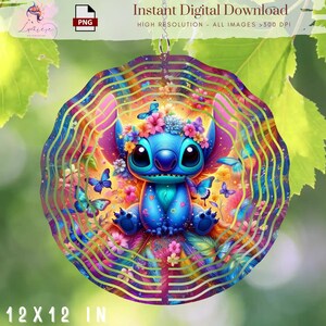 Cartoon Character Sti-Tch Wind Spinner PNG, Vibrant Wind Spinner, Round Design, Ornament, outdoor decor Art,ONG 300 DPI, Digital,Sublimation