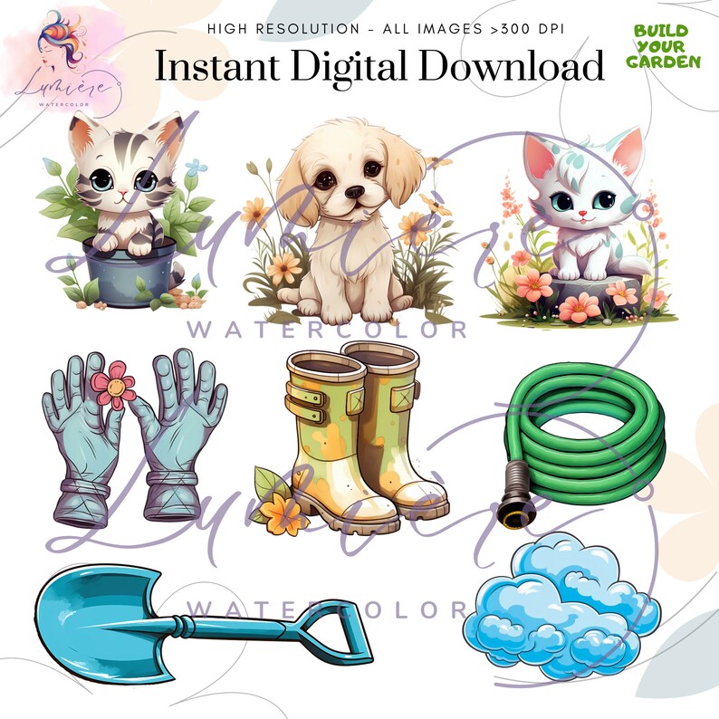 K&ouml;nnte beinhalten: Ein digitaler Illustrationssatz mit Gartenmotiven. Das Set enth&auml;lt eine Katze, einen Hund, ein Paar Gartenhandschuhe, ein Paar Gummistiefel, einen Gartenschlauch, eine Schaufel und eine Wolke.