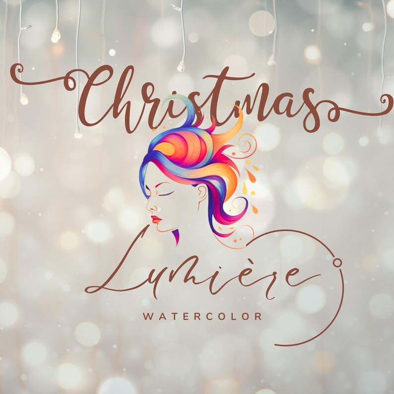 May include: A watercolor illustration featuring a woman's profile with closed eyes and vibrant, multicolored hair. The image includes the text "Christmas Lumi&egrave;re Watercolor" in elegant script, set against a soft, blurred background with string lights.