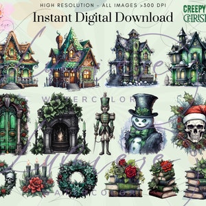 Op de afbeelding: Een digitale downloadset van 12 griezelige kerst-illustraties met onder andere een groene deur, een open haard, een sneeuwpop, een schedel en meer. De illustraties zijn in aquarelstijl en perfect om een griezelige toets aan je kerstprojecten te geven.