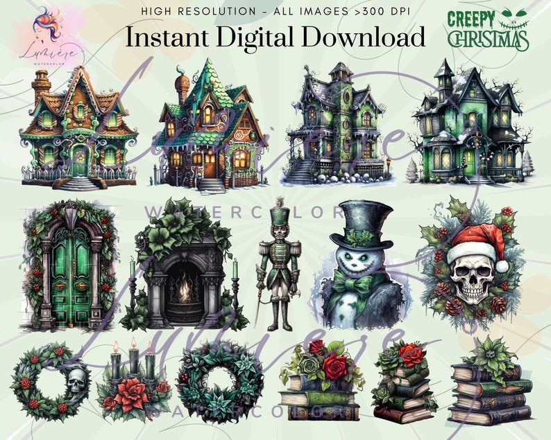 Op de afbeelding: Een digitale downloadset van 12 griezelige kerst-illustraties met onder andere een groene deur, een open haard, een sneeuwpop, een schedel en meer. De illustraties zijn in aquarelstijl en perfect om een griezelige toets aan je kerstprojecten te geven.