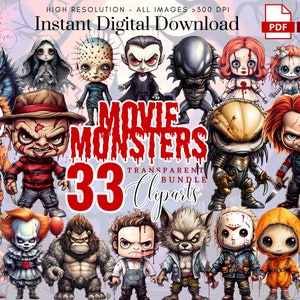 Images clipart Halloween monstres ~ 33 personnages de films d'horreur aquarelle PNG ~ méchant de l'horreur ~ PNG transparent haute qualité ~ scrapbooking ~ numérique