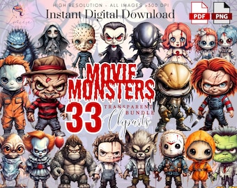 ハロウィーンモンスタークリップアート〜33の水彩ホラー映画の