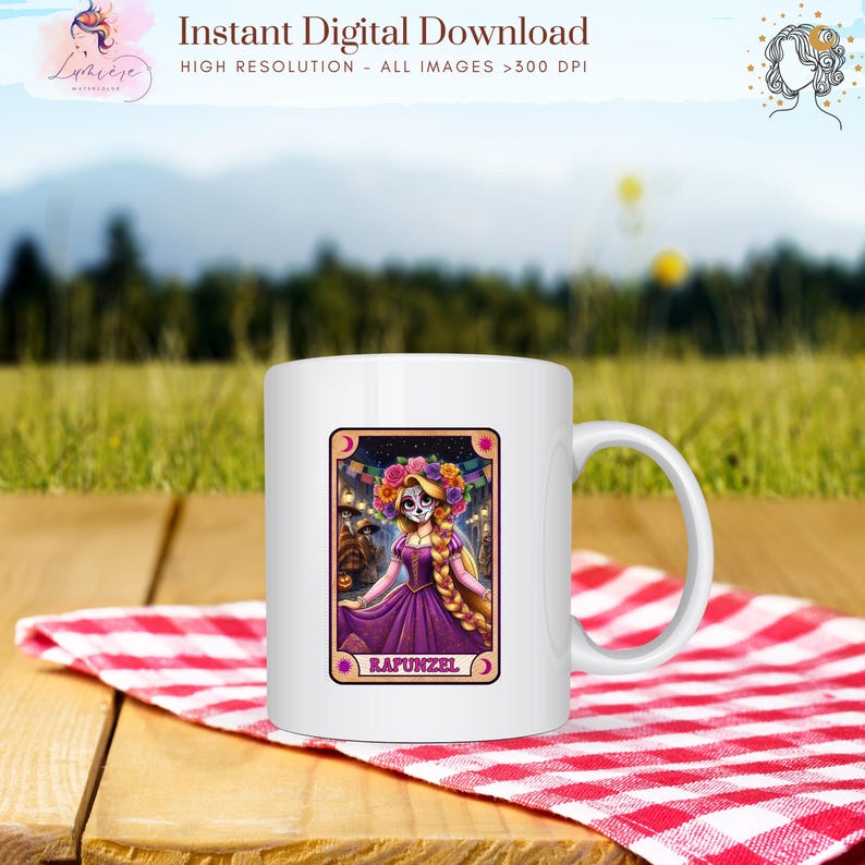 Może przedstawiać: Biały ceramiczny kubek z kolorową ilustracją Roszpunki w stylu Dnia Zmarłych. Kubek ma uchwyt, a u g&oacute;ry wydrukowano napis "Instant Digital Download".
