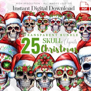 Kerst schedel clipart ~ 25 aquarel schedel PNG ~ Kawaii schedel PNG ~ kerst decor ~ hoge kwaliteit transparante PNGs ~ digitale Crafting