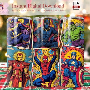 Envoltura para vaso de superhéroes de 20 oz ~ Vaso delgado PNG ~ Envoltura para vaso de cartas del Tarot ~ Diseño imprimible de superhéroes ~ Digital ~ Sublimación