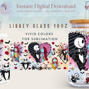 May include: A clear Libbey glass with a wooden lid and a stainless steel straw, featuring a colorful design from "The Nightmare Before Christmas." The design includes Jack Skellington, Sally, and other characters, with the text "VIVID COLORS FOR SUBLIMATION."