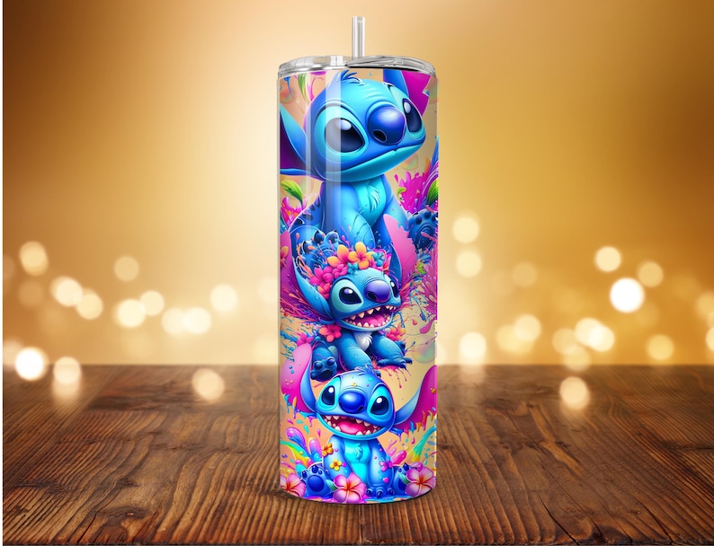 May include: A tall, stainless steel tumbler featuring a vibrant, colorful design of the character Stitch from the animated film Lilo & Stitch. The design includes multiple images of Stitch with floral accents, set against a bright, abstract background. The tumbler has a straw.