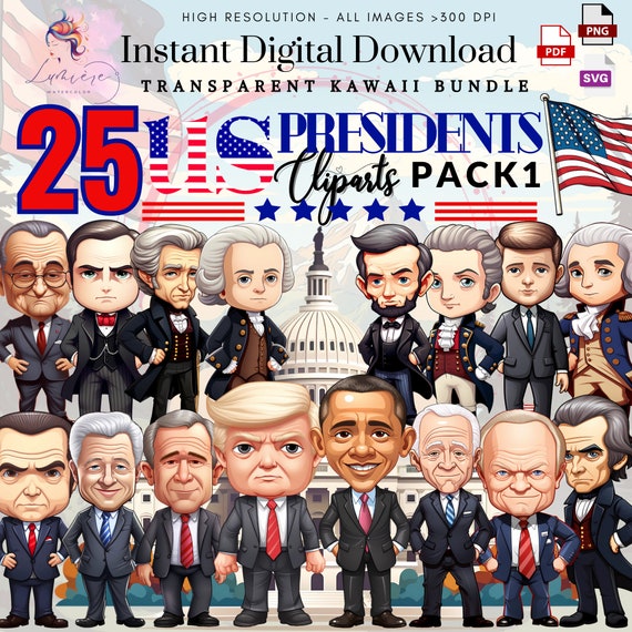 US Presidents Clipart~Set of 25 Cute President Caricatures ~Capital ~Digital Clipart~ high quality and Transparent PNG SVG~ Instant Download
