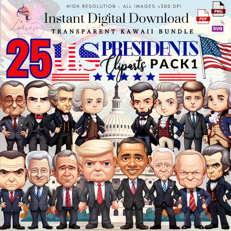 K&ouml;nnte beinhalten: Ein Set mit 25 Cartoon-Illustrationen von US-Pr&auml;sidenten. Die Illustrationen sind im Kawaii-Stil gehalten und zeigen die Pr&auml;sidenten in verschiedenen Posen. Die Illustrationen sind vor dem Hintergrund des US-Kapitols und der amerikanischen Flagge angeordnet.