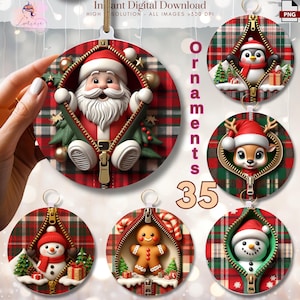 3D Christmas Ornaments bundle, Zipper Round Christmas Designs, Santa Claus Ornaments PNG, Christmas decor, PNG 300 DPI, Digital, Sublimation