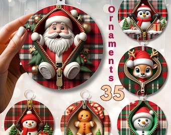 3D Christmas Ornaments bundle, Zipper Round Christmas Designs, Santa Claus Ornaments PNG, Christmas decor, PNG 300 DPI, Digital, Sublimation