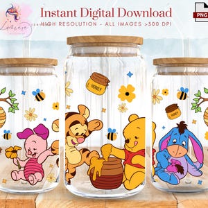 May include: Three clear glass jars with wooden lids, each featuring a different Winnie the Pooh character. The jars are decorated with honey pots, bees, flowers, and branches. The characters are Piglet, Tigger, and Eeyore.