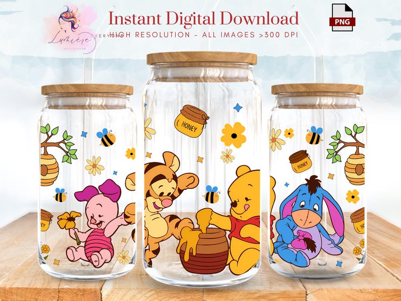 May include: Three clear glass jars with wooden lids, each featuring a different Winnie the Pooh character. The jars are decorated with honey pots, bees, flowers, and branches. The characters are Piglet, Tigger, and Eeyore.