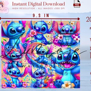 May include: A vibrant tumbler design featuring the character Stitch from Lilo & Stitch. The design includes multiple images of Stitch with colorful floral accents. The tumbler is 8.2 inches by 9.3 inches and is a 20 oz tumbler.