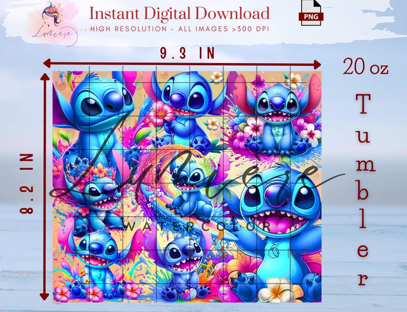 May include: A vibrant tumbler design featuring the character Stitch from Lilo & Stitch. The design includes multiple images of Stitch with colorful floral accents. The tumbler is 8.2 inches by 9.3 inches and is a 20 oz tumbler.