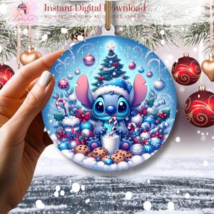May include: A blue Christmas ornament featuring Stitch from Lilo & Stitch, wearing a Santa hat and holding a glass of milk. Stitch is surrounded by Christmas decorations, including a Christmas tree, candy canes, and cookies.
