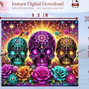 May include: Digital design for a 20 oz tumbler, featuring three ornate sugar skulls with floral accents in teal, purple, and gold. The design measures 8.2 x 9.3 inches. The image includes the text "Instant Digital Download".