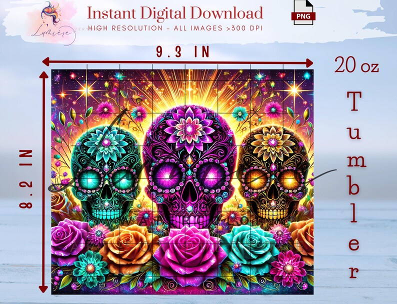 May include: Digital design for a 20 oz tumbler, featuring three ornate sugar skulls with floral accents in teal, purple, and gold. The design measures 8.2 x 9.3 inches. The image includes the text "Instant Digital Download".