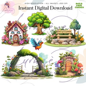 K&ouml;nnte beinhalten: Ein digitaler Illustrationssatz mit fantasievollen Gartenelementen, darunter ein kleines Haus, ein Baum, eine Bank, ein Vogel, ein Torbogen und eine Steint&uuml;r. Die Illustrationen sind im Cartoon-Stil mit leuchtenden Farben und Details gehalten.