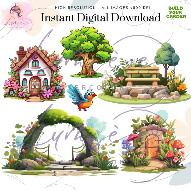 K&ouml;nnte beinhalten: Ein digitaler Illustrationssatz mit fantasievollen Gartenelementen, darunter ein kleines Haus, ein Baum, eine Bank, ein Vogel, ein Torbogen und eine Steint&uuml;r. Die Illustrationen sind im Cartoon-Stil mit leuchtenden Farben und Details gehalten.