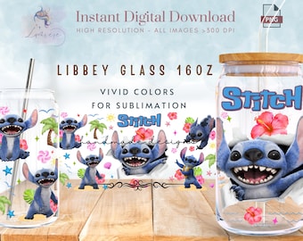 Cartoon Sti-Tch 16oz Libbey glazen blikverpakking ~ Summer Vibes-beker ~ kinderbeker ~ filmpersonage ~ glazen blikje sublimatieontwerp ~ digitaal
