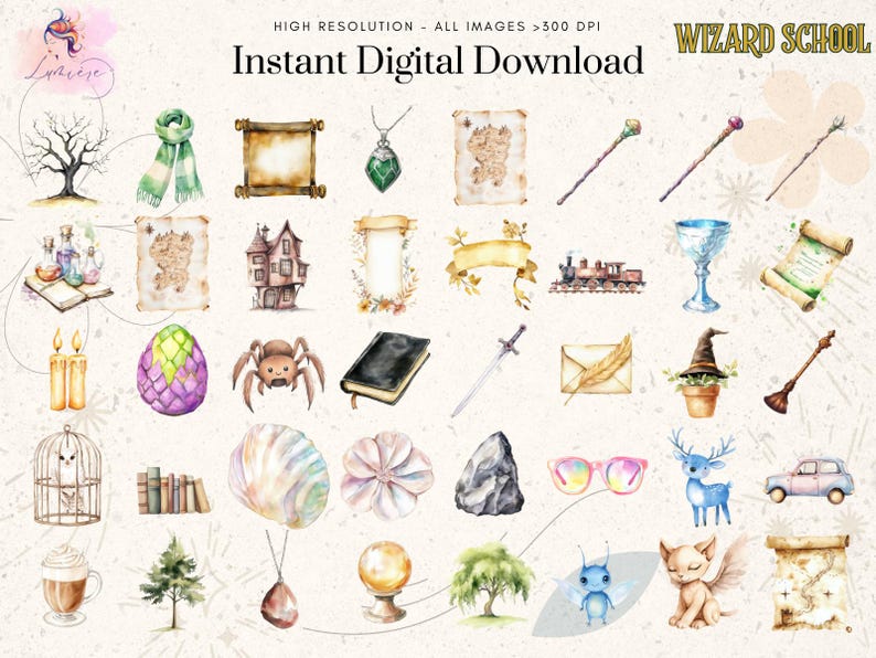 May include: A set of watercolor illustrations featuring various magical school items, including a house, a spider, a book, a wand, a potion bottle, a train, a scroll, a hat, a dragon egg, a cage, a seashell, a crystal ball, a tree, a fairy, a cat, and a pair of glasses. The illustrations are in a whimsical style and are perfect for use in digital scrapbooking, card making, or other creative projects.