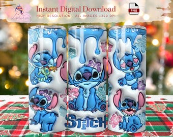 Magical Sti=Tch Cartoon 20oz Tumbler Wrap, 3D inflated Skinny Tumbler Wrap, blue cartoon Kids tumbler Printable Design, Digital, Sublimation