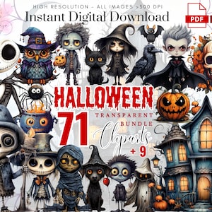 Mixed Media Halloween ClipArt ~ 71 Whimsical Halloween PNG ~ Skeleton PNG ~ Mummy ~ Owl~ High quality transparent PNG~ Scrapbooking~ Digital